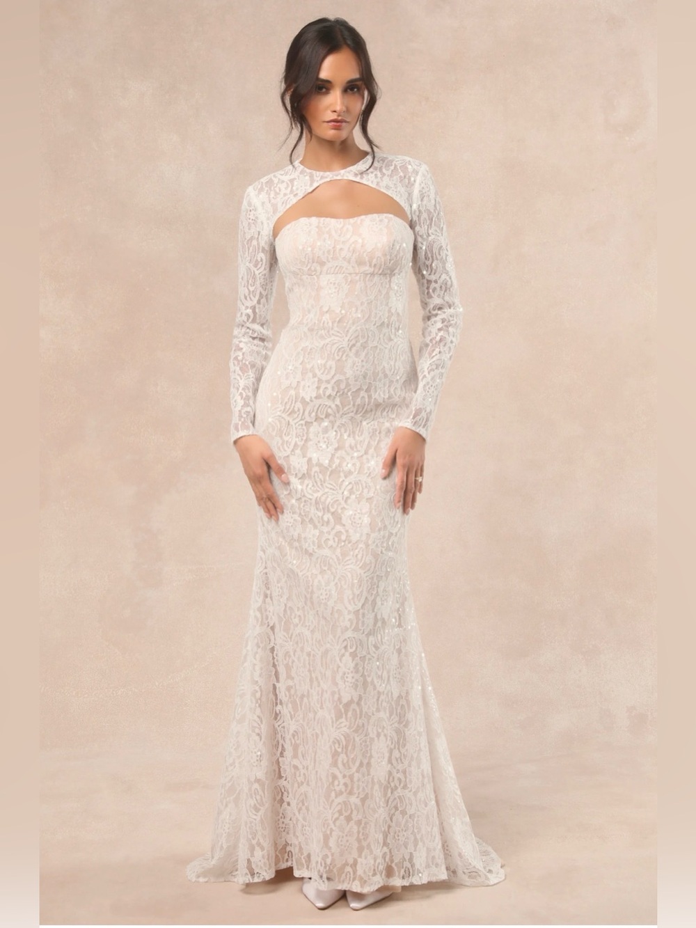 Lulus Neska White and Beige Lace Maxi Dress Size XL NEW without Tag